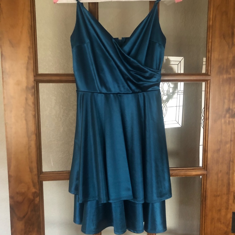 Satin teal dress with draped v-neck